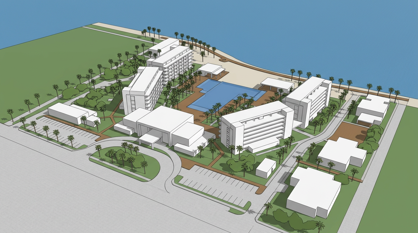 Projeto 3D conceitual do resort à beira-mar