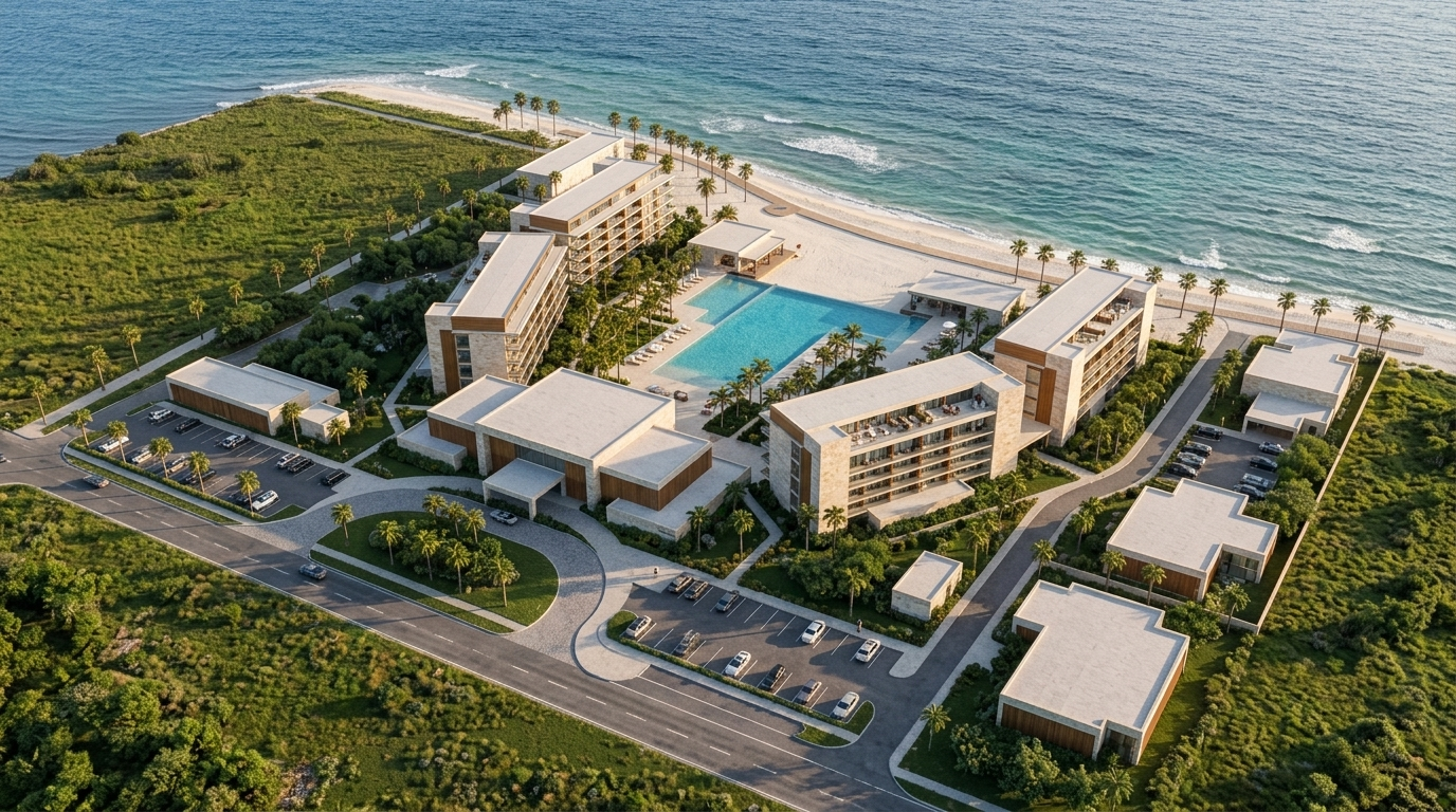 Render final realista do resort à beira-mar